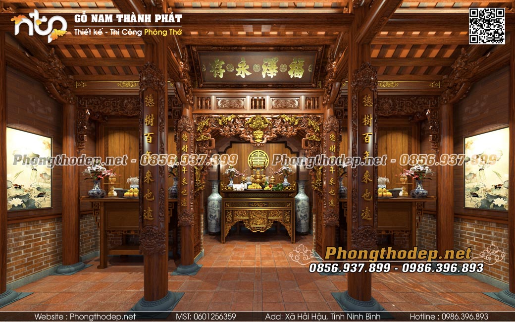 phòng thờ nhà gỗ 3 gian đẹp, sang trọng